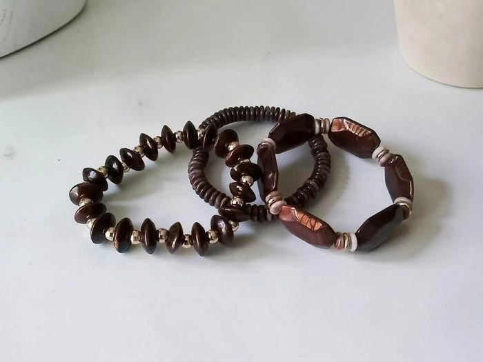 Lote de 3 Peças/pulseiras de contas café dourado tamanho único elástico-Novo-fashion – photo 2